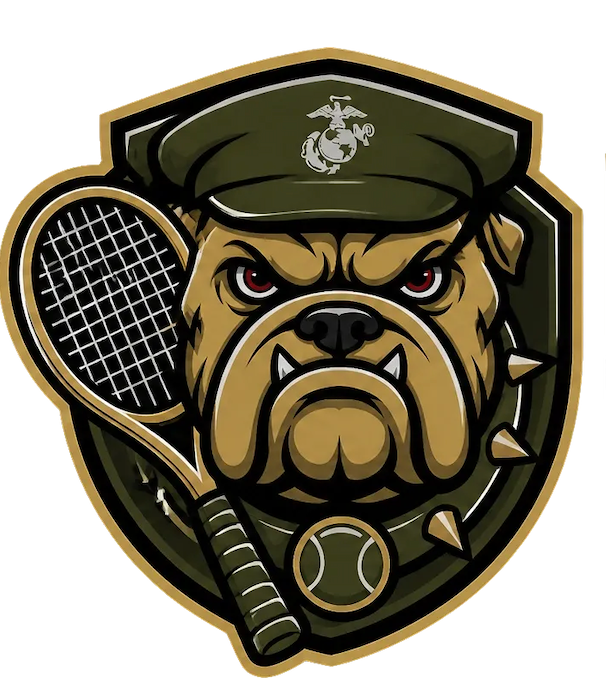 Devil Dog Tennis mascot — military bulldog with tennis racket